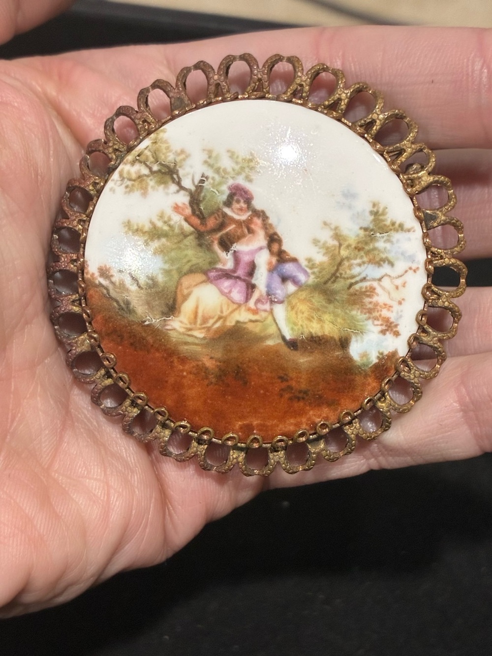 Vintage Porcelain Courting Couple Brooch